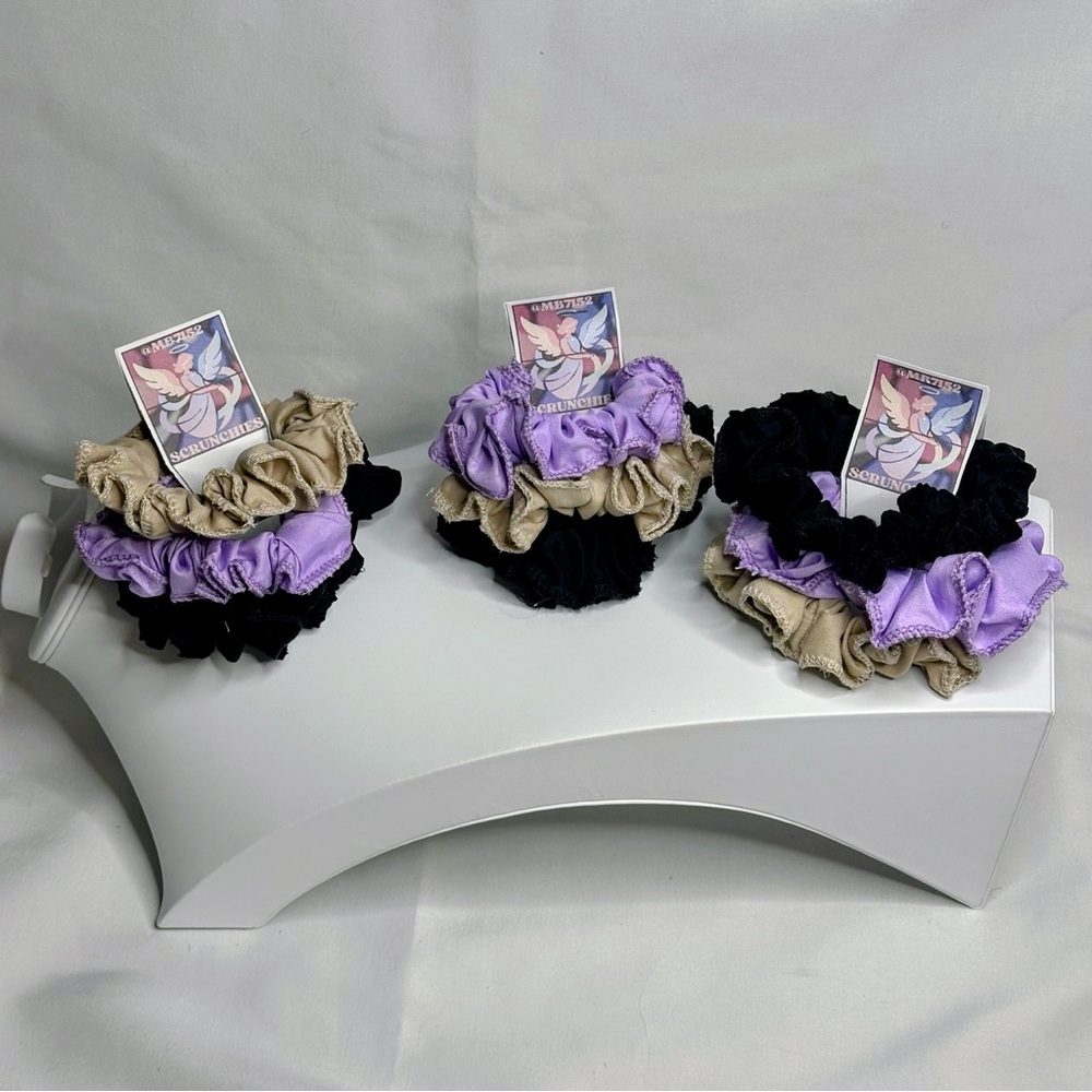 Set of 3 Ruffled Scrunchies - Beige, Lavender, Black - Picture 2 of 3